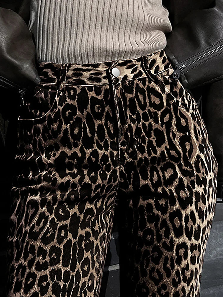 MQTIME - Summer Winter 2024 Women Leopard Trousers Streetwear High Waist Straight Pants For Women