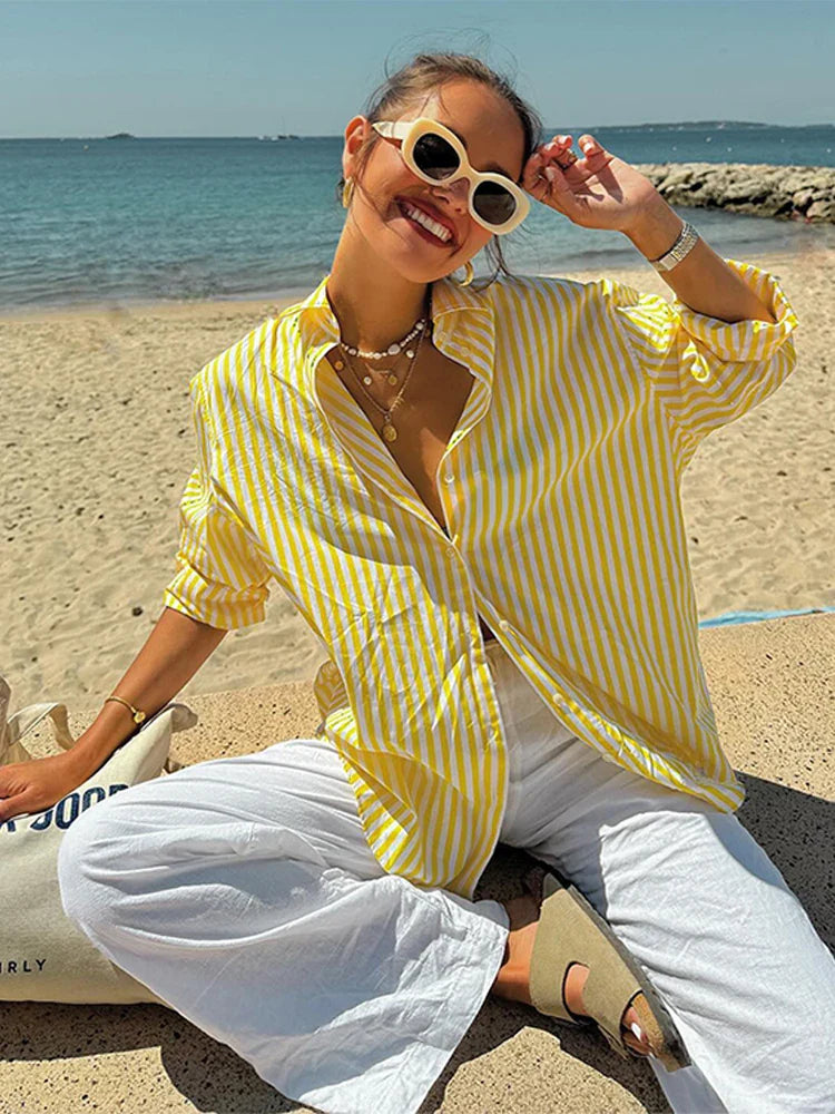 MQTIME - Casual Striped Shirt Pants Sets For Women 2 Pieces Loose Lapel Long Sleeve Single Breasted Top Drawstring Wide Leg Trousers Suit