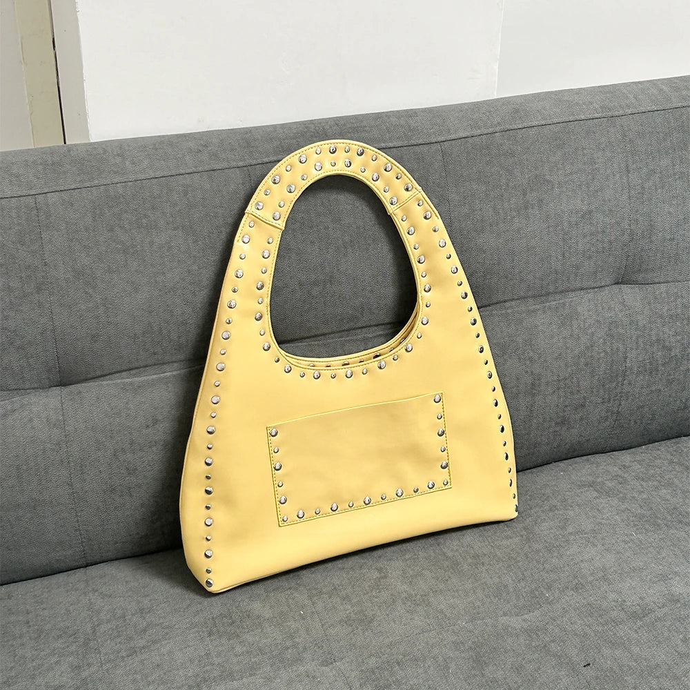 nvxiot - 24 new retro rivet decorative shoulder bag European and American motorcycle wind oil wax leather armpit handbag for women