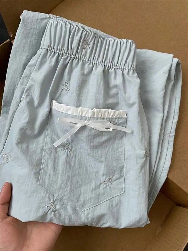 MQTIME - Embroidered Bow Elastic Waistband Straight Leg Light Blue Women's Pants 2024 #korean woman cloth summer y2k e-girl fairycore 00s