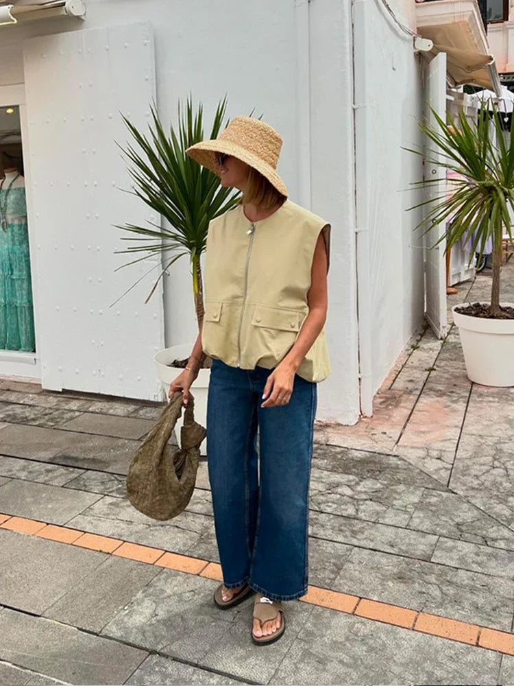 MQTIME - Fashion Zipper Pocket Sleeveless Vest Women Elegant Round Neck Loose Short Waistcoat Casual 2024 Autumn New Lady Street Tops