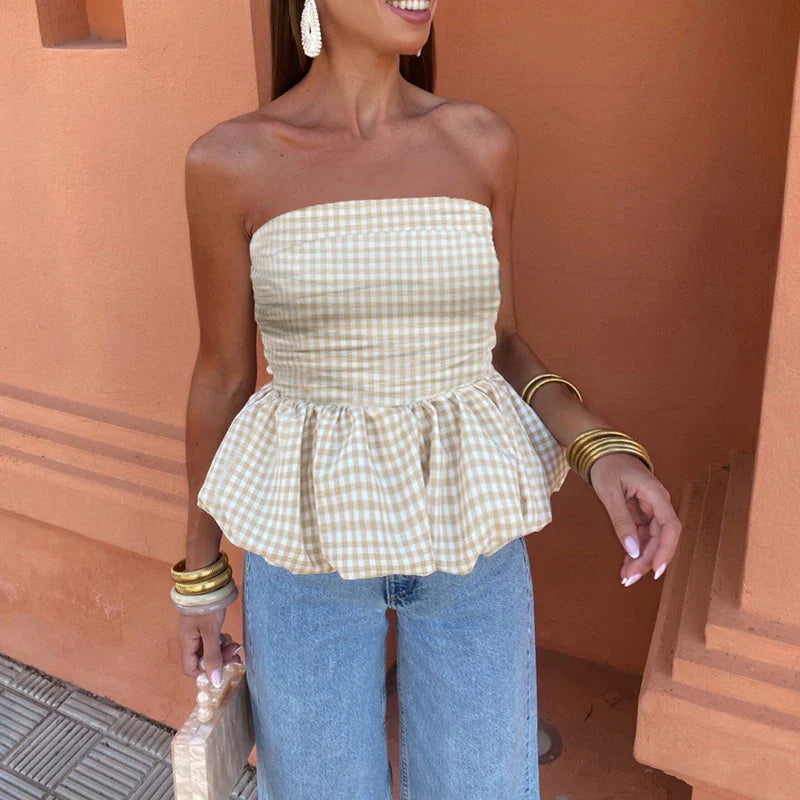 nvxiot - Women's Sexy Off Shoulder Pleated Club Party Shirt Elegant Plaid Strapless Slim Blouses Fashion Lady Slash Neck Fluffy Short Top