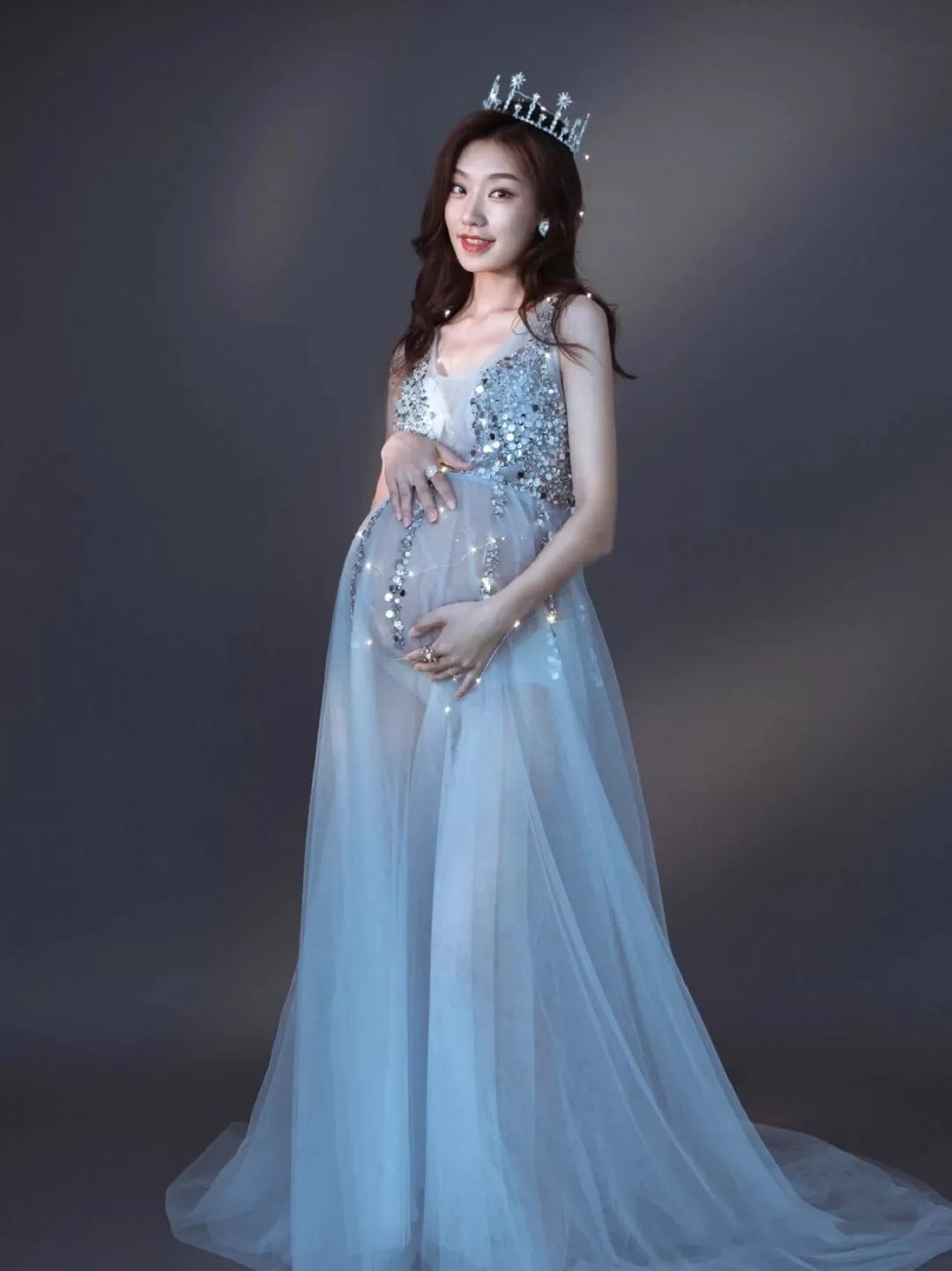 nvxiot - Maternity Tulle Dress for Photo Shoot Maternity Sequins Decorative Perspective Sexy Wedding Maternity Gown Photography Props