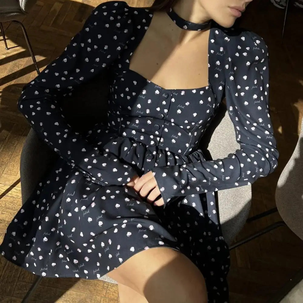 MQTIME - Sexy Slim Print Women Dress Fashion Square Collar Long Sleeve Mini Dress Elegant High Waist Pleated Skirt 2024 Lady Robes