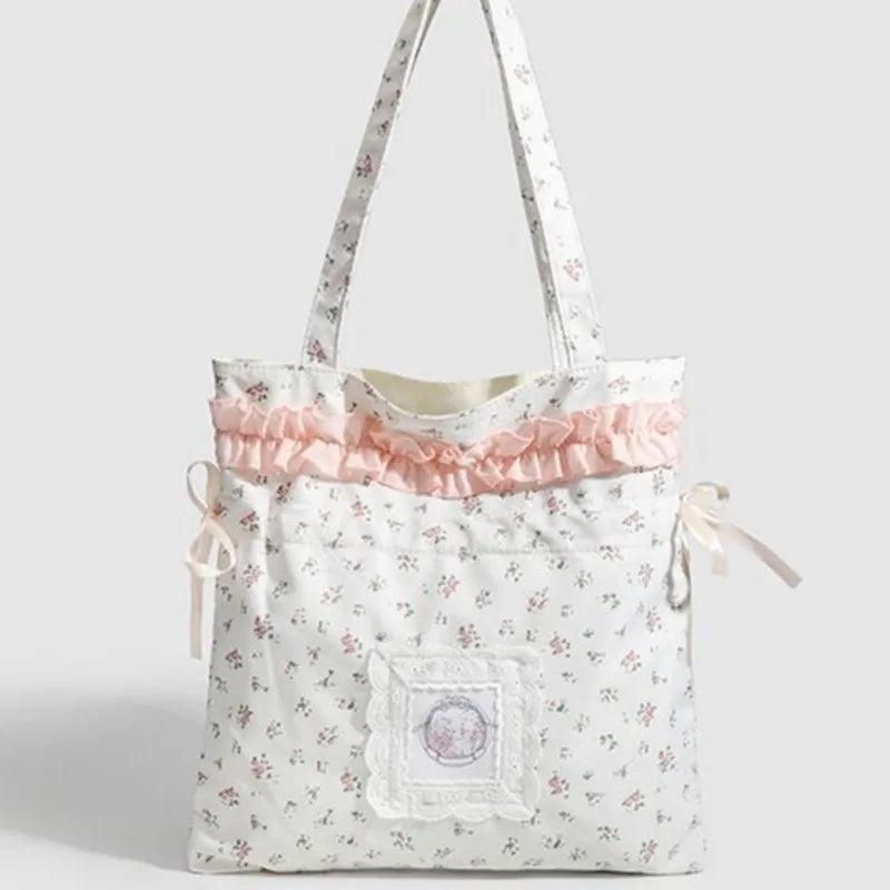 MQTIME - Fairycore Floral White Shoulder Bags Women Sweet Cute Drawstring Canvas Tote Bag Ladies Harajuku Aesthetic Handbag Y2k