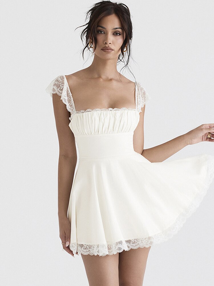 nvxiot White Lace Ruffle Backless Sexy Dress Women Bandage Pleated Mini Summer Dress Elegant Princess Casual Dresses Vestidos