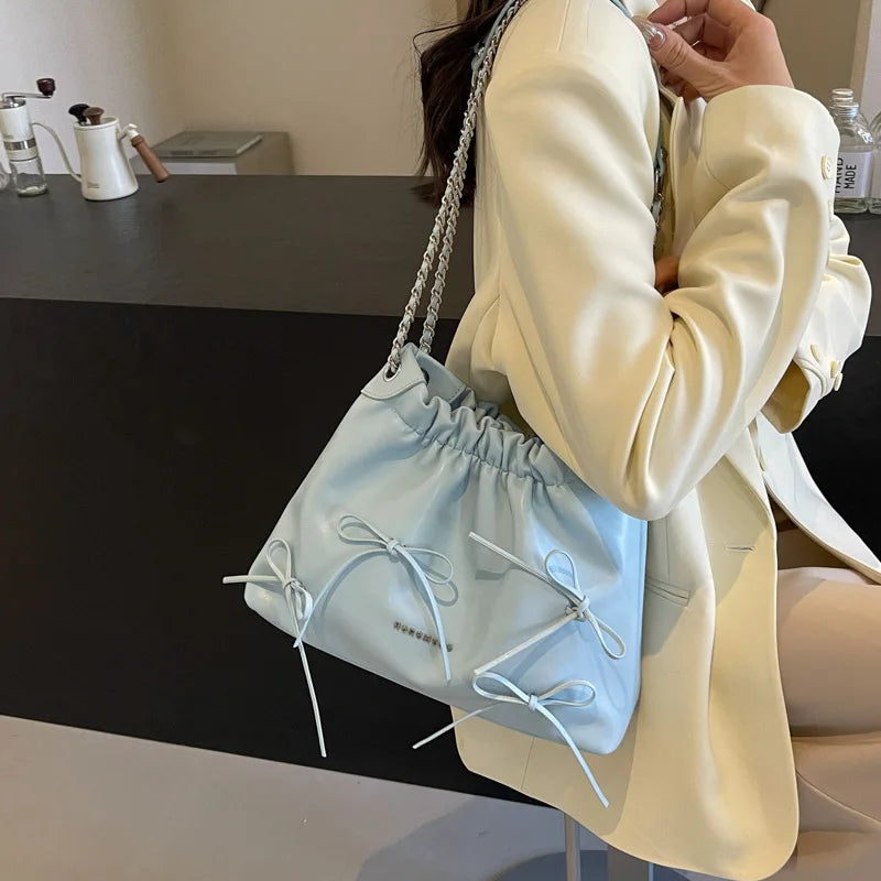 MQTIME - 2024 Summer New Ladies Handbag Fashion Simple Beige Pink Silver Pu Bucket Bags For Women Trendy Casual Shoulder Bag Crossbody