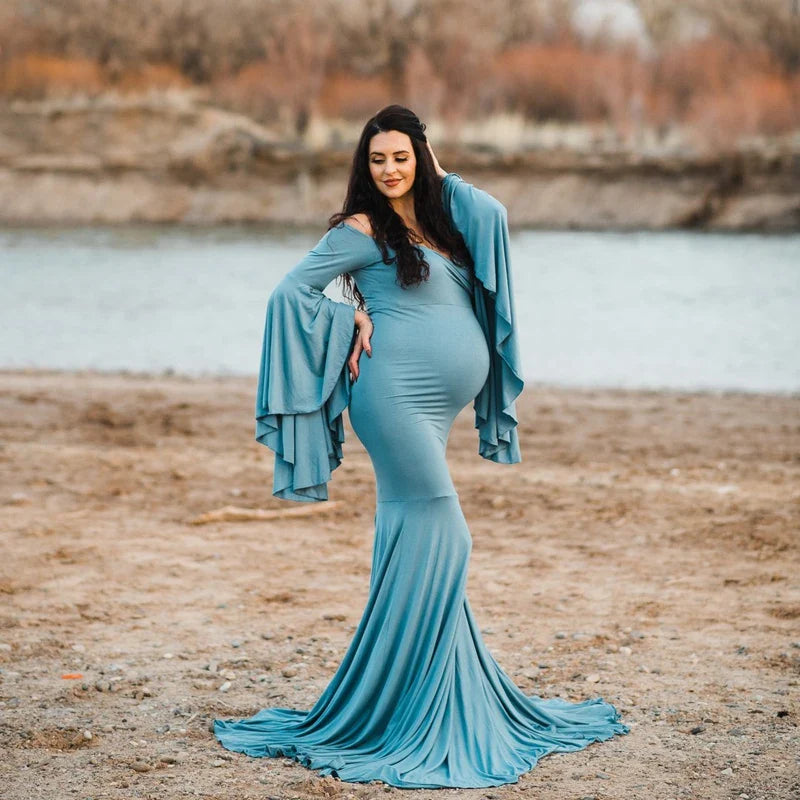 nvxiot - Silk Cotton Maternity Photography Dresses Solid V-neck Ruffle Edge Sleeve Taildress Long Soft Cozy High Waisted Retro Long Dress