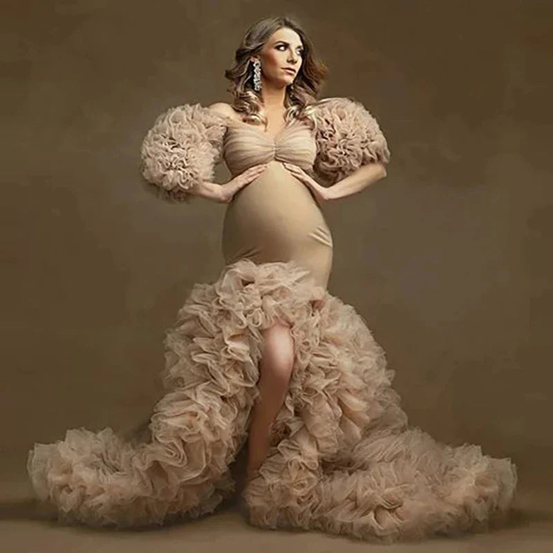 nvxiot - Real Image Floral Ruffled Bridal Maternity Dress Sexy Slit Elastic Maternity Dresses Photoshoot Baby Shower Baby Shower