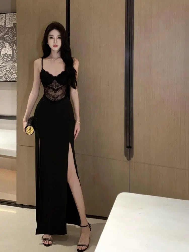 nvxiot - Summer Retro Black Sleeveless Sex Club High Split Slip Long Dress 2024 Fashion Women Elegant Backless Evening Party Lace Dresses