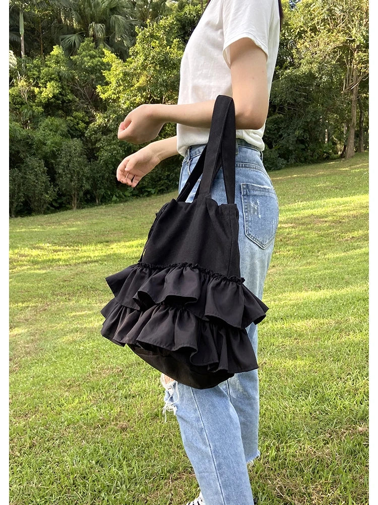 MQTIME - Ruffle White Y2k Handbag Women New Fairycore Drawstring Canvas Casual Shoulder Bag Ladies Harajuku Aesthetic Handbags