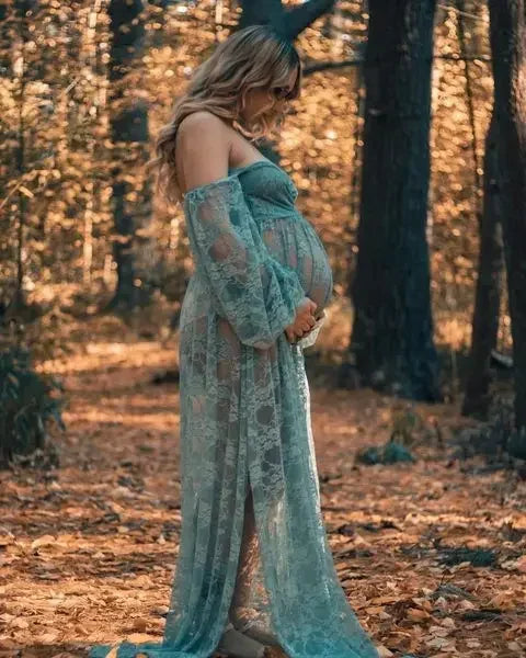 nvxiot - Maternity Photography Maxi Dress For Photo Shooting Slit Open Slash Neck Flower Lace Pregnancy Photo Shoot Long Lace Dress