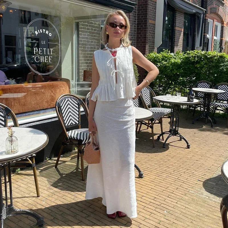 MQTIME - Pleated White Lace Up Tank Top Long Skirt Suit Women Elegant O-neck Sleeveless Tops Skirts 2 Pieces 2024 Summer Lady Streetwear