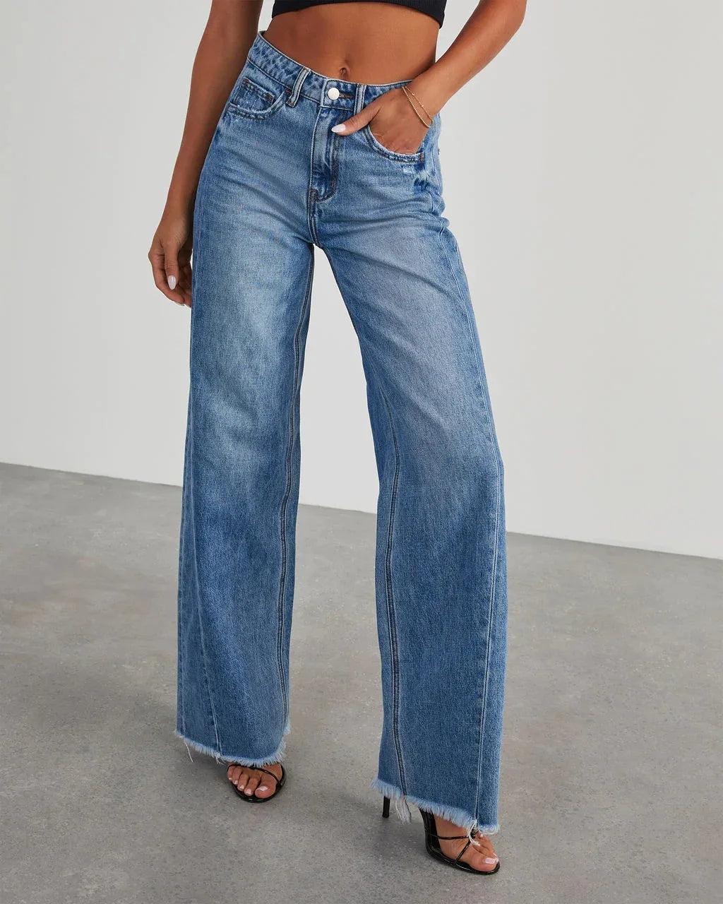 MQTIME - Women's Denim Jeans Wide Leg Pants High Waist Fashion Cotton Trousers Autumn Tide Straight Pants De Mujer Frayed Hem Jeans