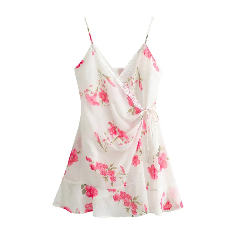 MQTIME - Women's 2024 Summer New Fashion Ruili Sweet Women's Lace Decoration Printed Mini Suspender Dress 2826/189