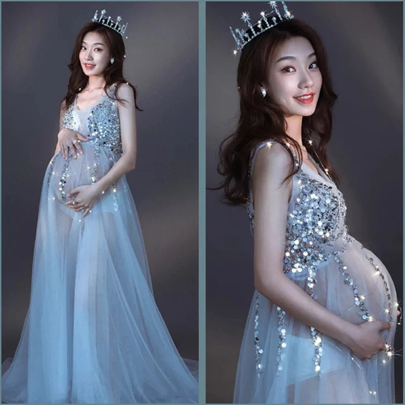 nvxiot - Maternity Tulle Dress for Photo Shoot Maternity Sequins Decorative Perspective Sexy Wedding Maternity Gown Photography Props