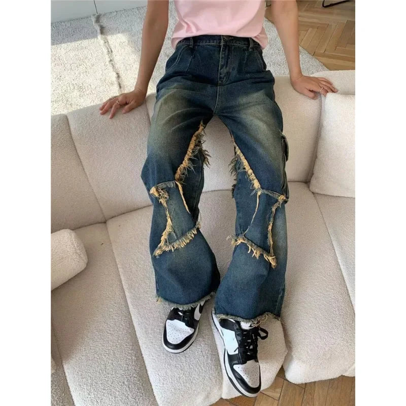 nvxiot Vintage Frayed Star Y2K Splicing Casual Jeans Women Winter New High Waist Distressed Washed Loose Denim Wide Leg Pants