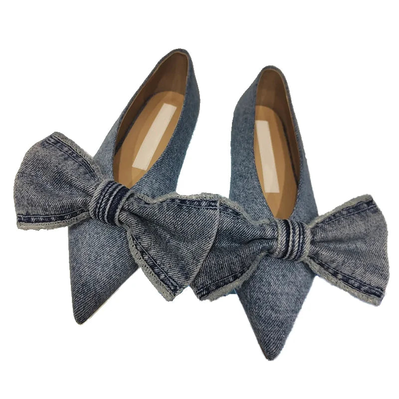 nvxiot - New Designer Blue jeans bow flat shoes woman cloth patchwork flats sewing Pointed large bow denim loafers for women