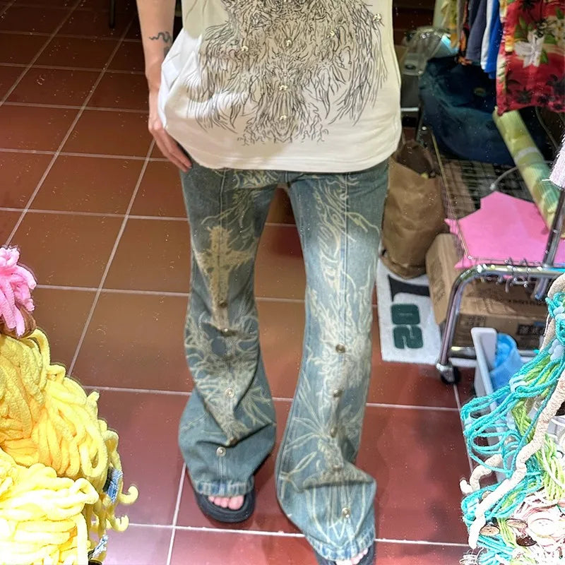 nvxiot - Grunge Tattoo Print Jeans Vintage Distressed Flare Jeans Japanese Y2k Laser Denim Pants Boyfriend Mopping Jeans Harajuku