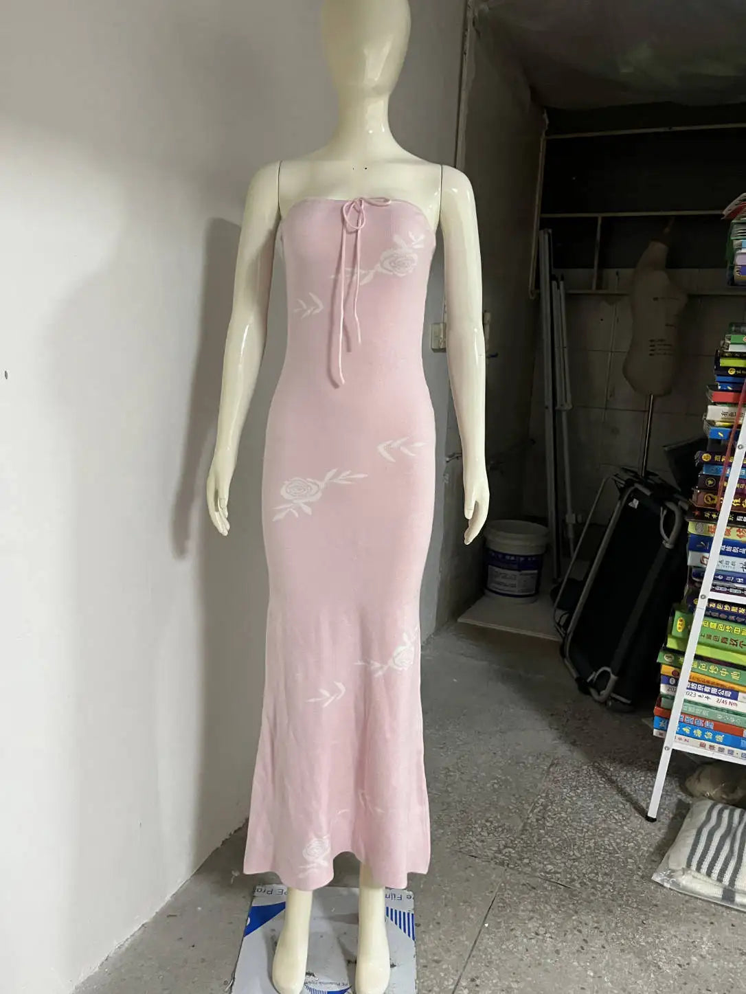 MQTIME - Floral Strapless Dress Chest Wrap Long Dresses Pink Lace-up Vestidos Backless Ankle Length Skirt Evening Dress for Party Banquet