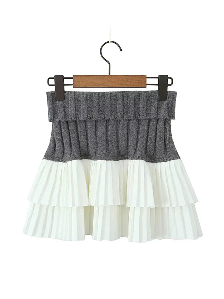 nvxiot - Sexy Knitted Double Layered Pleated Mini Skirt Women Elegant Sweet High Waist Cake Short Skirts Fluffy Autumn Street Party