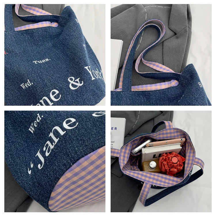 MQTIME - Vintage Denim Bucket Bag Women New Letter Print Chic Large Capacity Shoulder Tote Bag Ladies Harajuku Casual Handbag Y2k