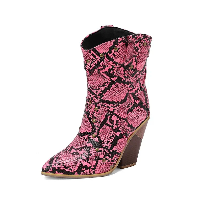MQTIME - 2024 new autumn winter women ankle boots plus size 22-28cm pu upper pointed toe metal rivet high heel western boots