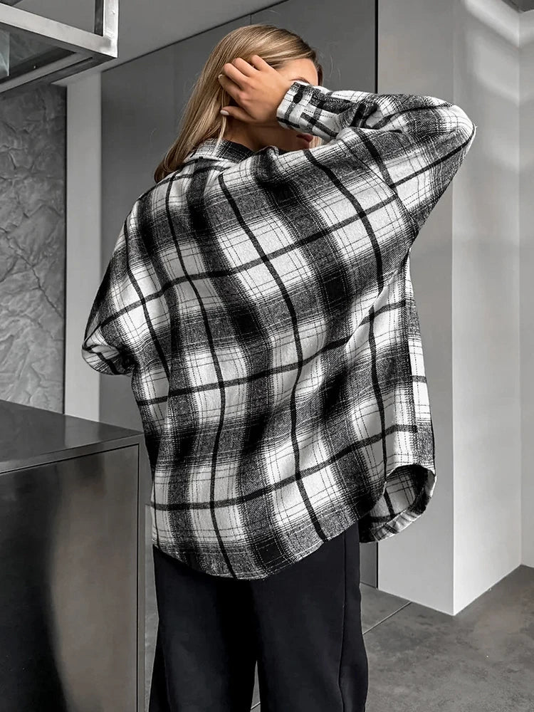 MQTIME - 2024 Women Autumn Winter Black Plaid Thick Shirt Vintage Oversized Long Sleeve Loose Fit Blouse For Woman
