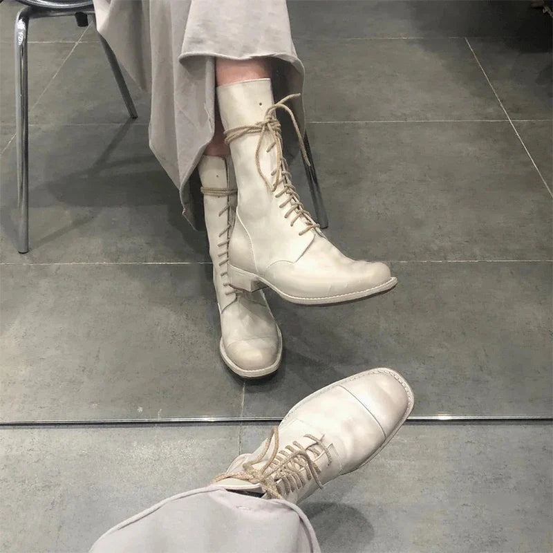 MQTIME - Fashion Ankle Boots Women Platform Leather Side Lace-Up Ladies Non-slip Thoes straps Handmade Ankle Boots for Women