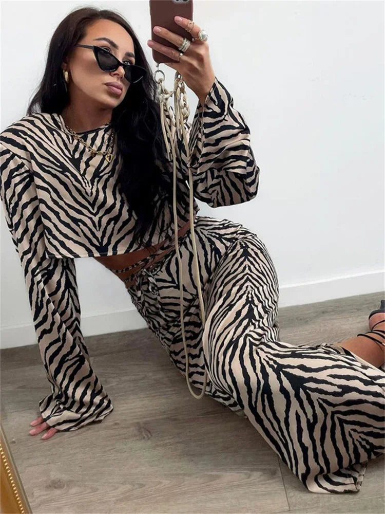 nvxiot - Zebra Printed 2 Piece-Set Long Skirt For Women Striped Lace-Up Cropped Top And High Waist Fashion Maxi Skirt Outfits 2024