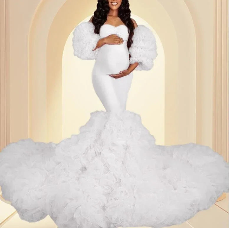 MQTIME - Hot Maternity Dresses Photoshoot Tulle Maxi Gown Baby Shower Ruffles