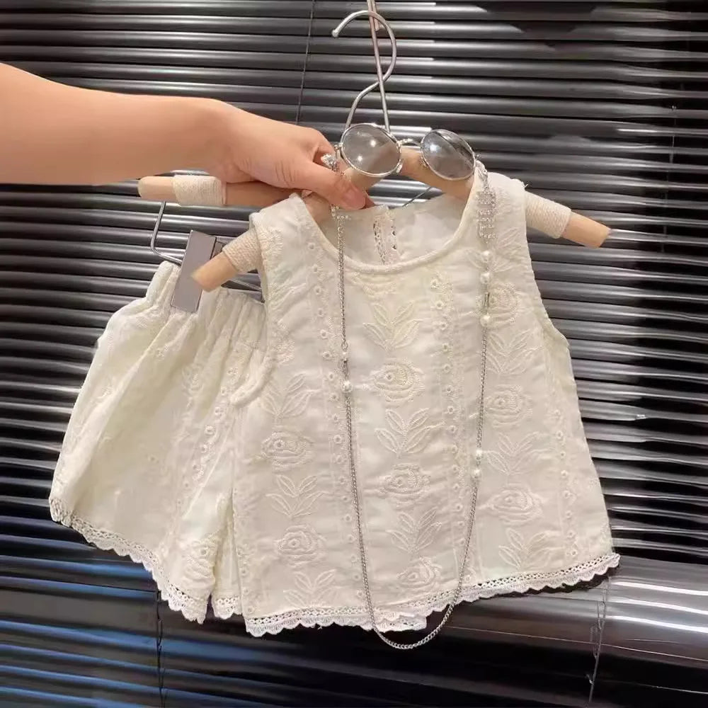 MQTIME - Summer Korean 2-8 Year Girl 2PCS Clothes Set Solid Hollow Jacquared Camisole Suit Lace Hem Elastic Waist Shorts Baby Girl Outfit