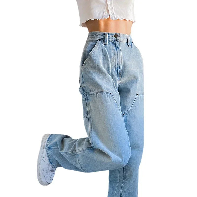 nvxiot - Women's Autumn New Casual Straight Denim Pants 2024 Baggy Jeans Mom Fit High Waist Loose Light Blue Jean Pocket Patchwork Female