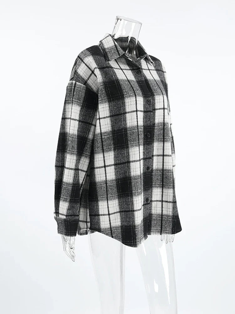 MQTIME - 2024 Women Autumn Winter Black Plaid Thick Shirt Vintage Oversized Long Sleeve Loose Fit Blouse For Woman