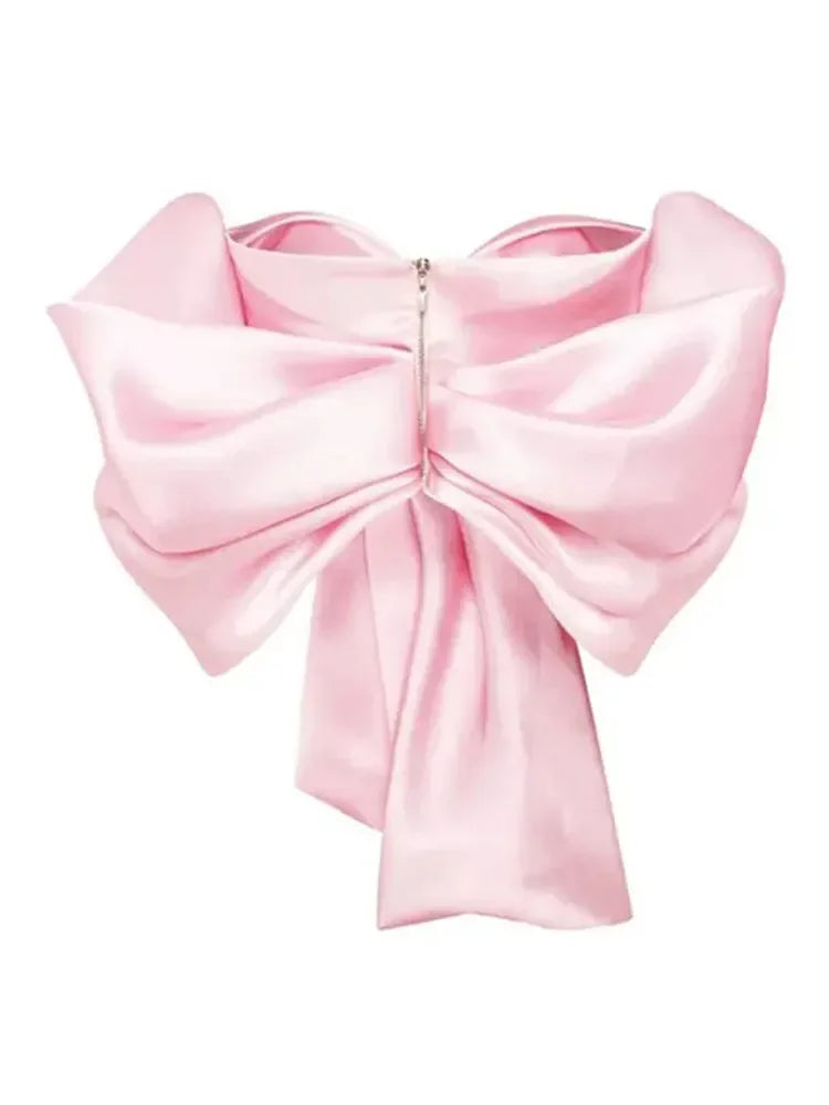 MQTIME - Chic Pink Satin Pleated Bow Tops Women Stylish Off Shoulder Backless Cropped Vest 2024 Spring Autumn Fashion Female Streetwear