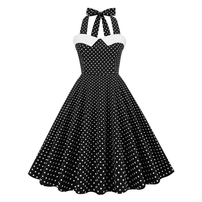 MQTIME - Women Red Polka Dot Party Halter Dress Vintage 50s Rockabilly Hepburn Elegant Strapless Swing Retro Short Midi Tunic Pinup Dress