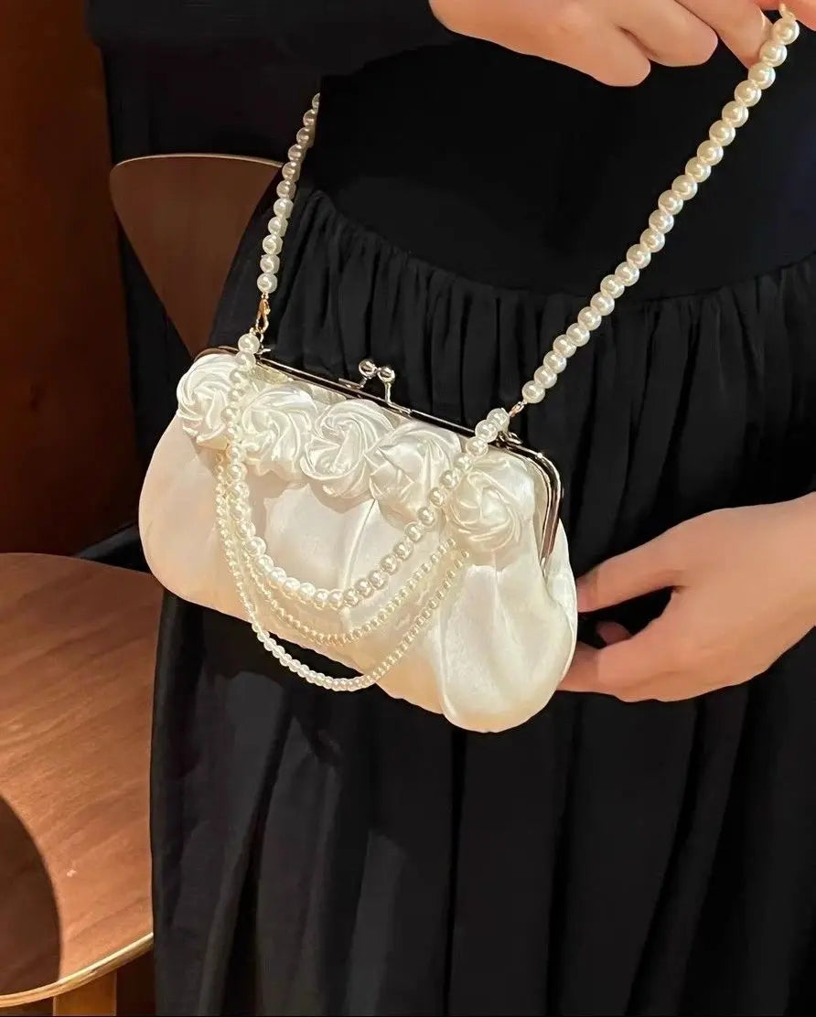 nvxiot - Fairycore White Hand Bag Purse Women Chinese Style Pearl Chic Elegant Messenger Bag Ladies Handle Y2k Handbag Aesthetic