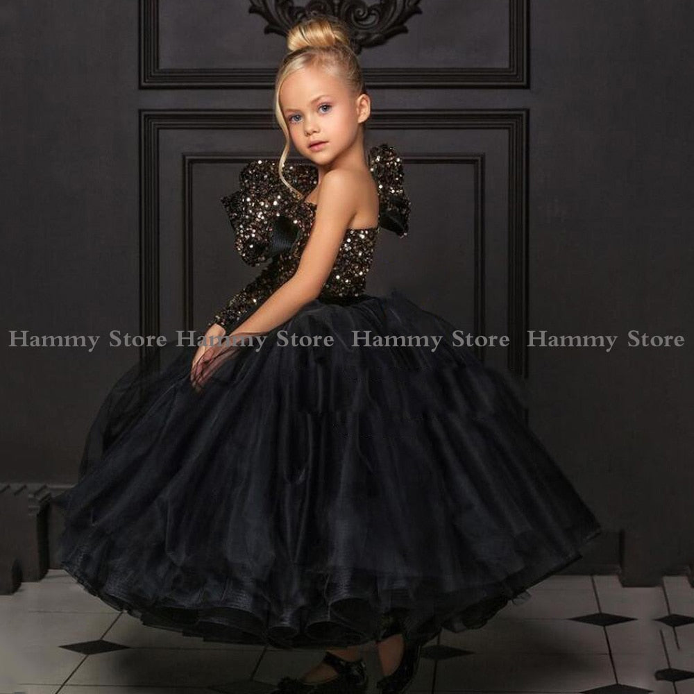 nvxiot Black Flower Girl Dress with Gold Sequin Top One Shoulder Puffy Floor Length Long First Communion Dresses Wedding Party Gown