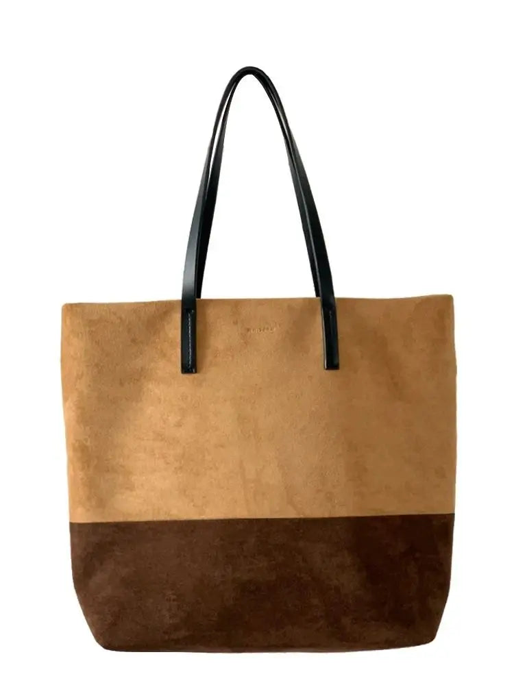 MQTIME - Vintage Brown Large Capacity Tote Bag Women Retro High Street Suede Patchwork Handbag Ladies Harajuku Shoulder Bags Chic