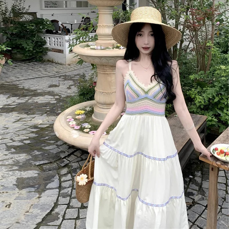 nvxiot - National Trend Pregnant Woman Summer Holiday Dress Sleeveless Knitted Striped Patchwork Chiffon Dress Maternity Beach Clothes