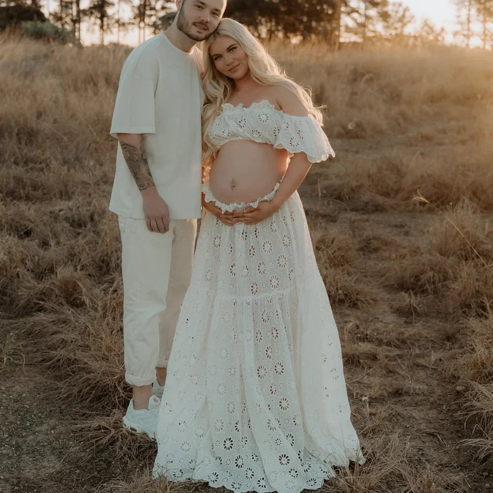 nvxiot - Cotton 2 in 1 Maternity Photography Props Outfit Slash Neck Lace Pregnancy Photo Shoot Dress Sets