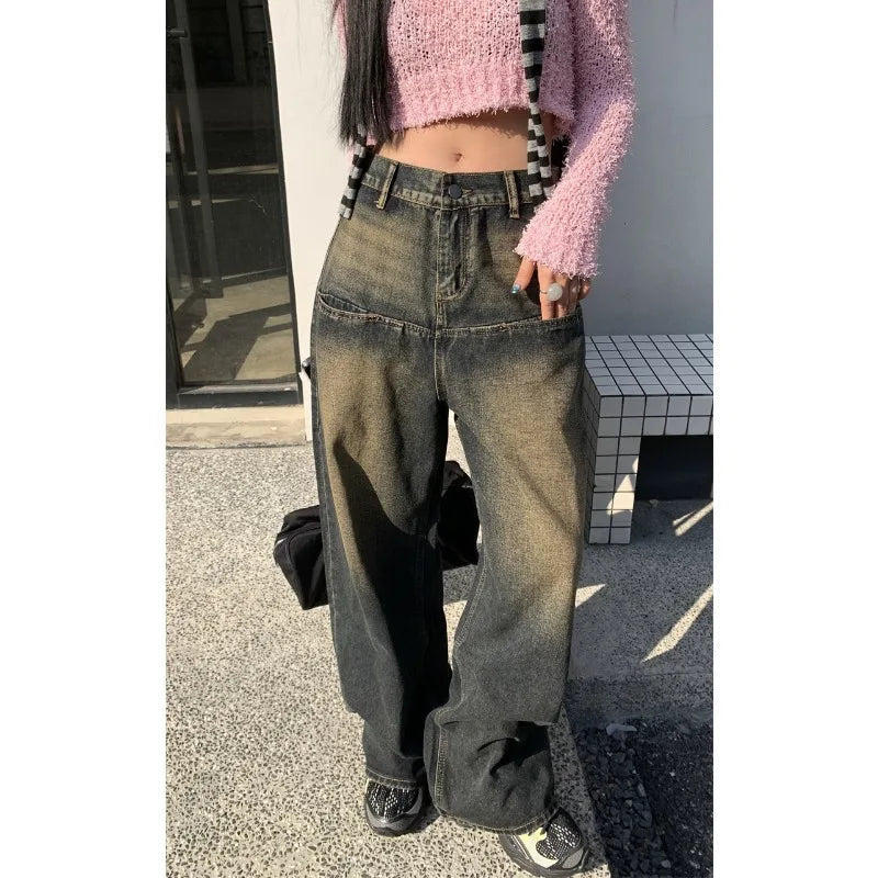 nvxiot Korean Retro Distressed Bleached Y2K Casual Jeans Women Autumn New High Waist Loose All Match Washed Denim Wide Leg Pants