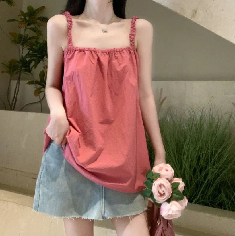 nvxiot - 2024 Summer Dopamine Versatile Slimming Tank Top Bow Top with One Line Neck Beach Style Long Top Sweet Girl Style
