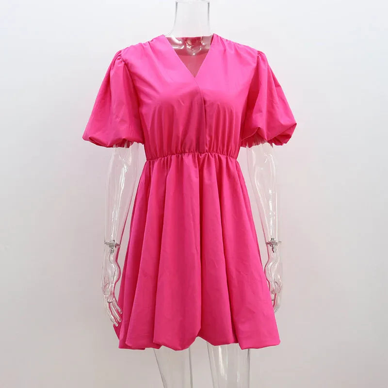 nvxiot Elegant V-Neck Lantern Pleated White Dresses For Women Fashion Solid Party Summer Mini Dress Princess Dress Vestidos