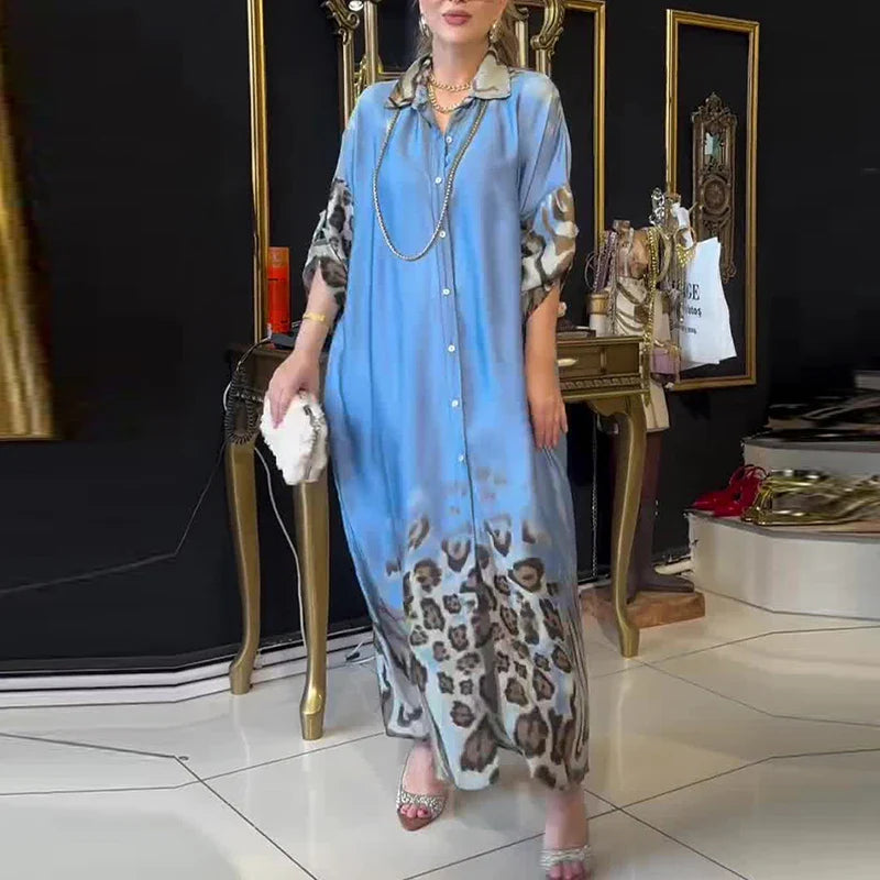 MQTIME - Vintage Leopard Print Patchwork Party Dress Casual Women's Single Breasted Shirt Dress Fashion Satin Loose Commuting Long Dress