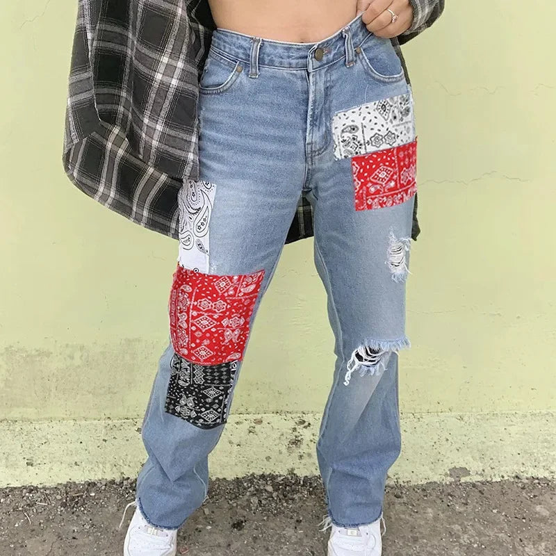 nvxiot - New Fashion Streetwear Bandana Patchwork Denim Pants Hole Ripped Jeans Women Fashion High Waist Jeans Straight Trousers