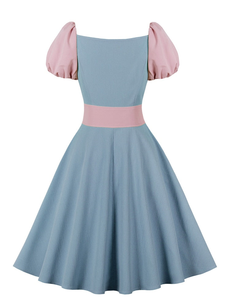 nvxiot New Harajuku Vintage Pink Blue Patchwork Puff Sleeve A-Line Dress Fashion Women Lace-Up Waist Party Night Elegant Dresses