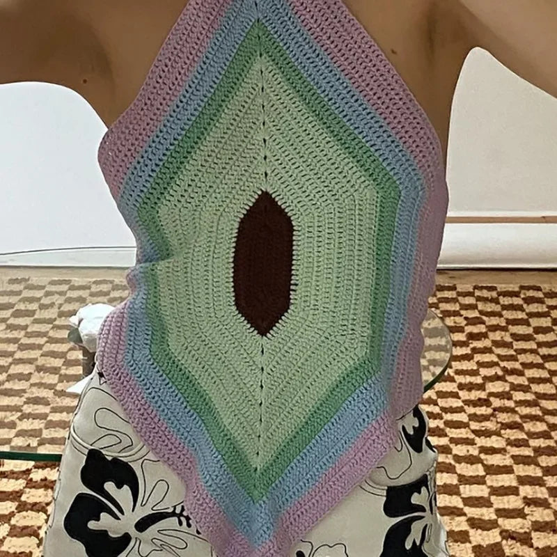 nvxiot - Summer Patchwork Knitted Cropped Top Ladies Halter Neck Y2K Halter New Green T-shirt Casual Party Sleeveless Sexy Vest