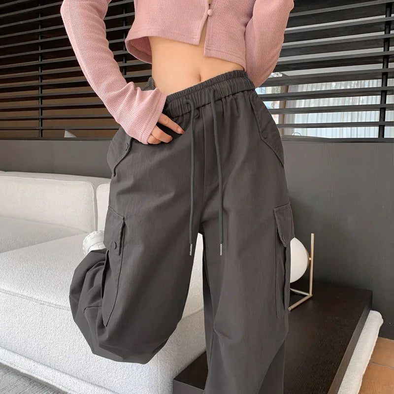 nvxiot Women cargo pants Autumn Winter New Elastic High Waist Wide Leg Casual Pants y2k Women American Loose Sports Parachute trousers