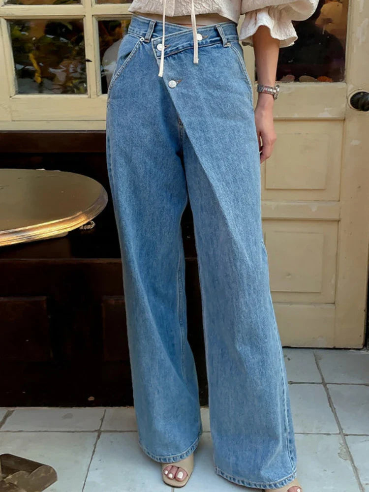 nvxiot - Women Vintage Korean Jeans Long Pants Spring Summer High Waisted Diagonal Buckle Loose Straight Leg Pants Baggy Casual Trousers